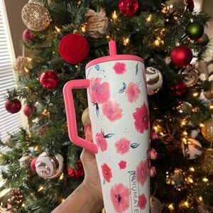 BruMate Floral Tumbler with Pink Handle